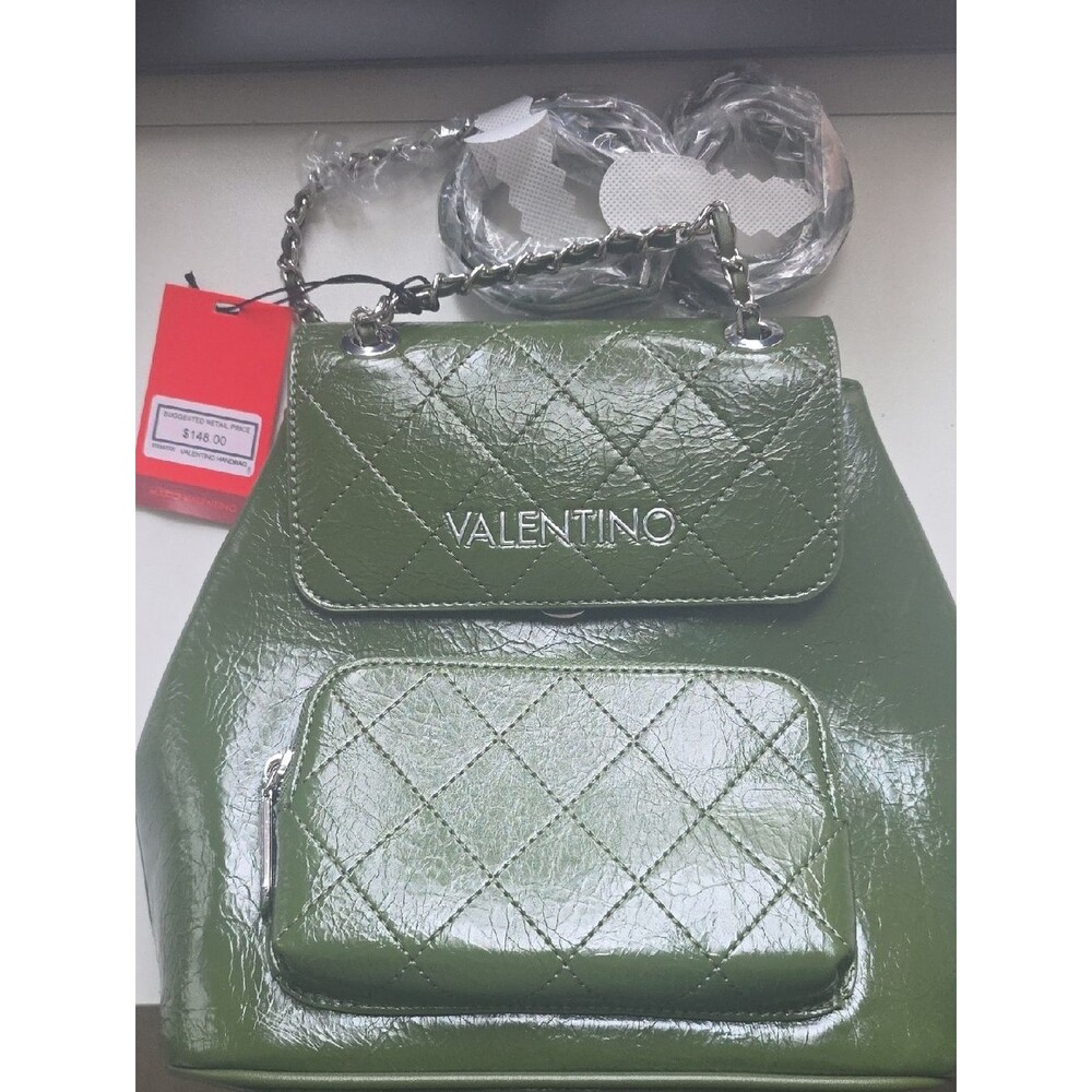 Valentino Green Quilted Patent Shoulder Bag Or Backpack Style with Silver Chain